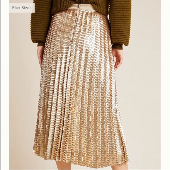 ANTHROPOLOGIE Maeve Natalia Pleated Gold Sequin Midi Skirt - Picture 3 of 15
